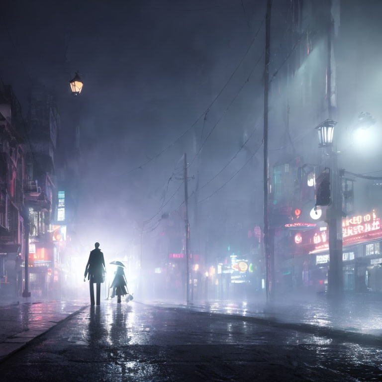 Lonely figure with umbrella in neon-lit urban night scene