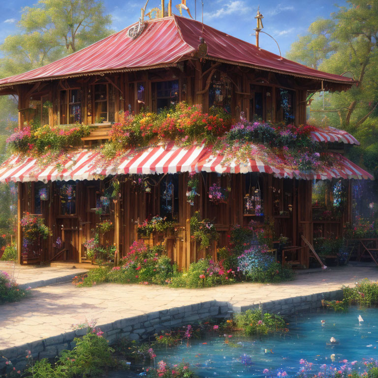 Wooden Gazebo with Vibrant Flowers by Tranquil Blue Pond in Sunny Forest