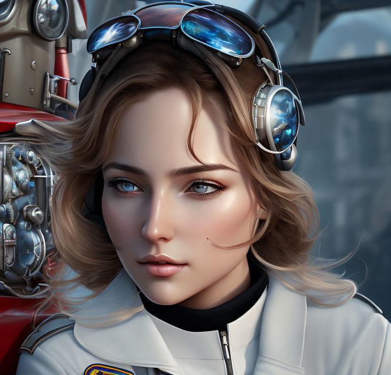 Blonde woman in aviator goggles and white pilot suit