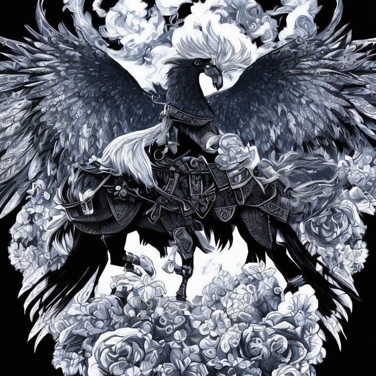 Detailed Monochrome Illustration of Majestic Armored Eagle and Floral Patterns