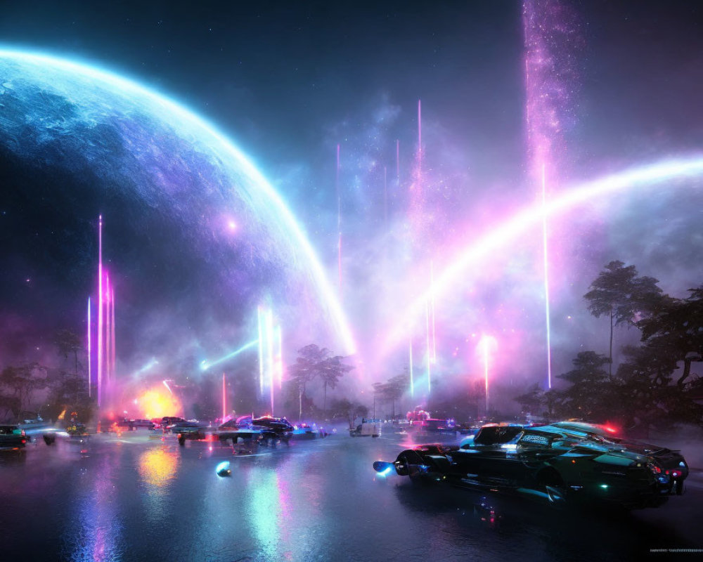 Futuristic sci-fi landscape with hovering cars and neon beams