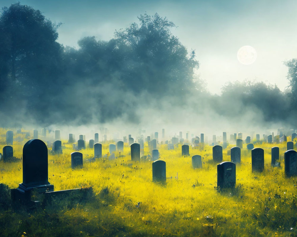 Ethereal light illuminates misty graveyard with yellow wildflowers