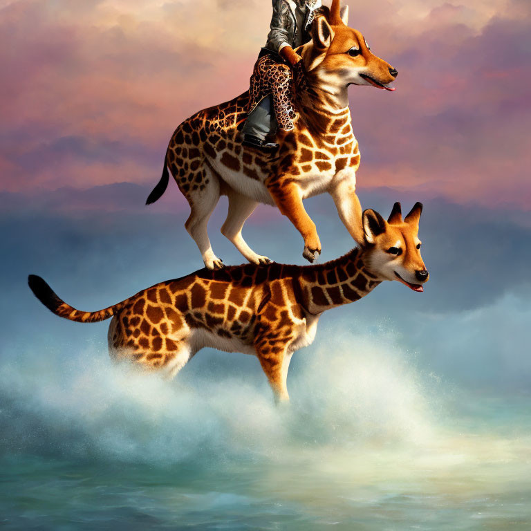 Two dogs with giraffe patterns carry a person in surreal sky scene