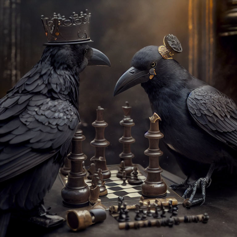 Ravens in royal attire play chess on a board