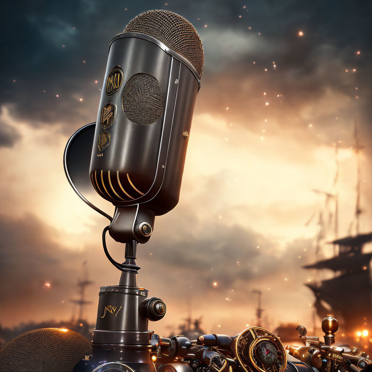 Vintage microphone with glowing embers against dramatic sky and ship silhouettes