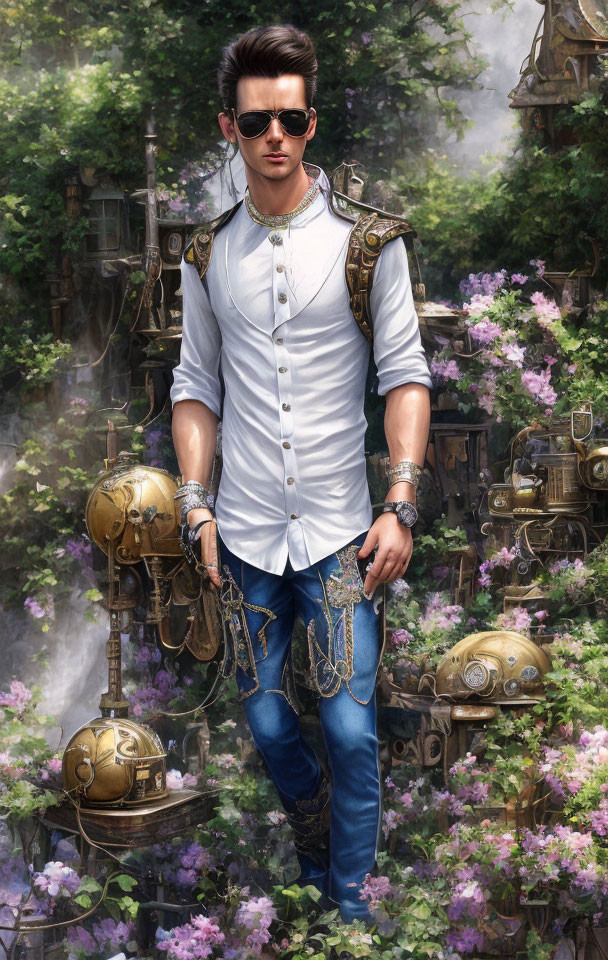 Stylish man with robotic arm in lush, floral garden wearing contemporary clothing