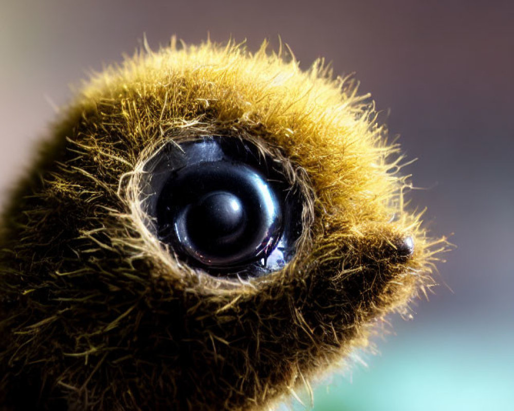 Fuzzy yellow creature with large black eye in close-up shot