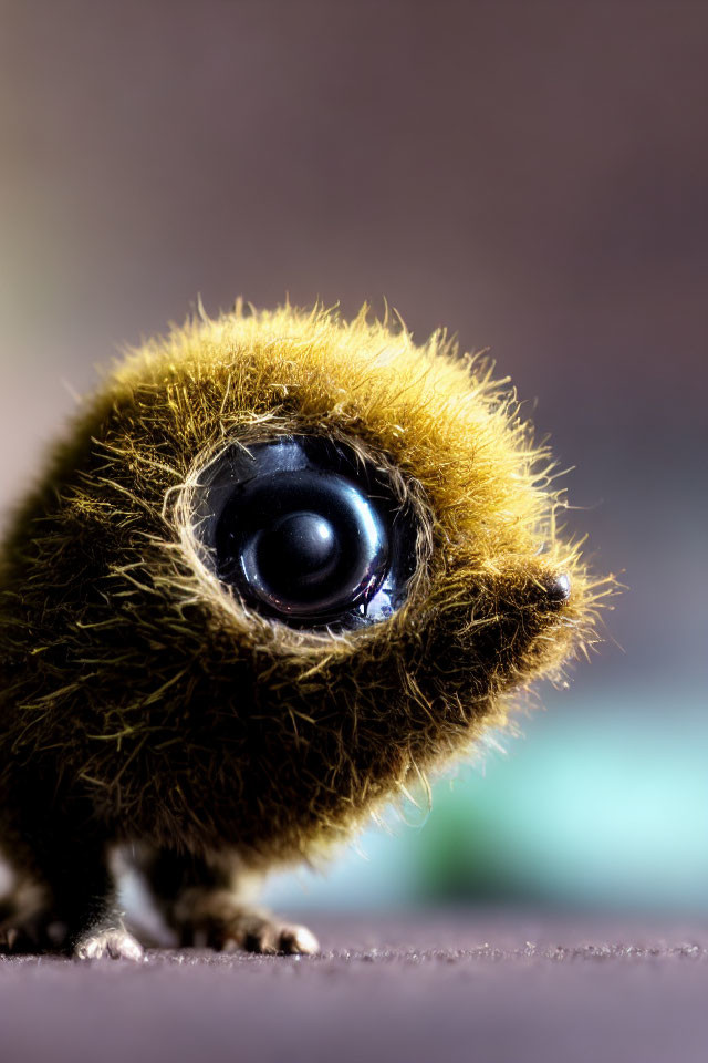 Fuzzy yellow creature with large black eye in close-up shot