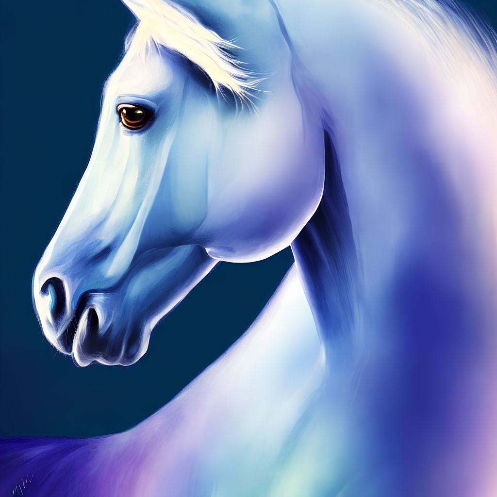 Detailed White Horse Digital Painting on Blue Background