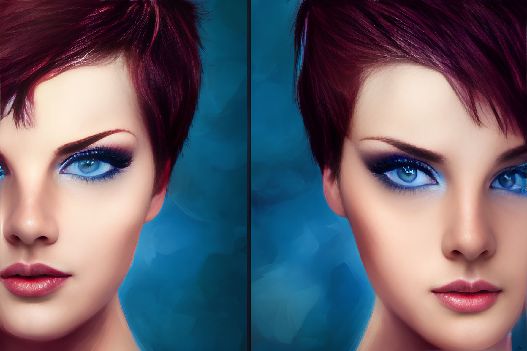 Side-by-side portraits: Woman with short red hair and blue eyes, one warmer and more saturated.