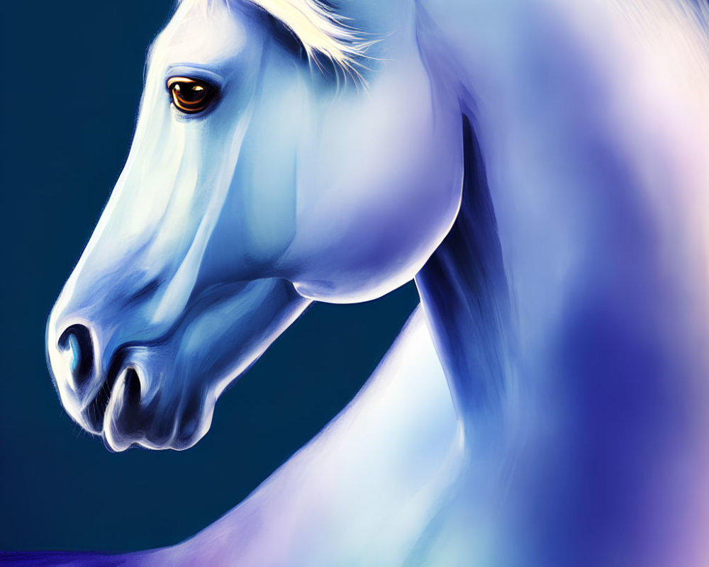 Detailed White Horse Digital Painting on Blue Background