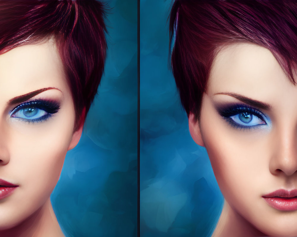 Side-by-side portraits: Woman with short red hair and blue eyes, one warmer and more saturated.