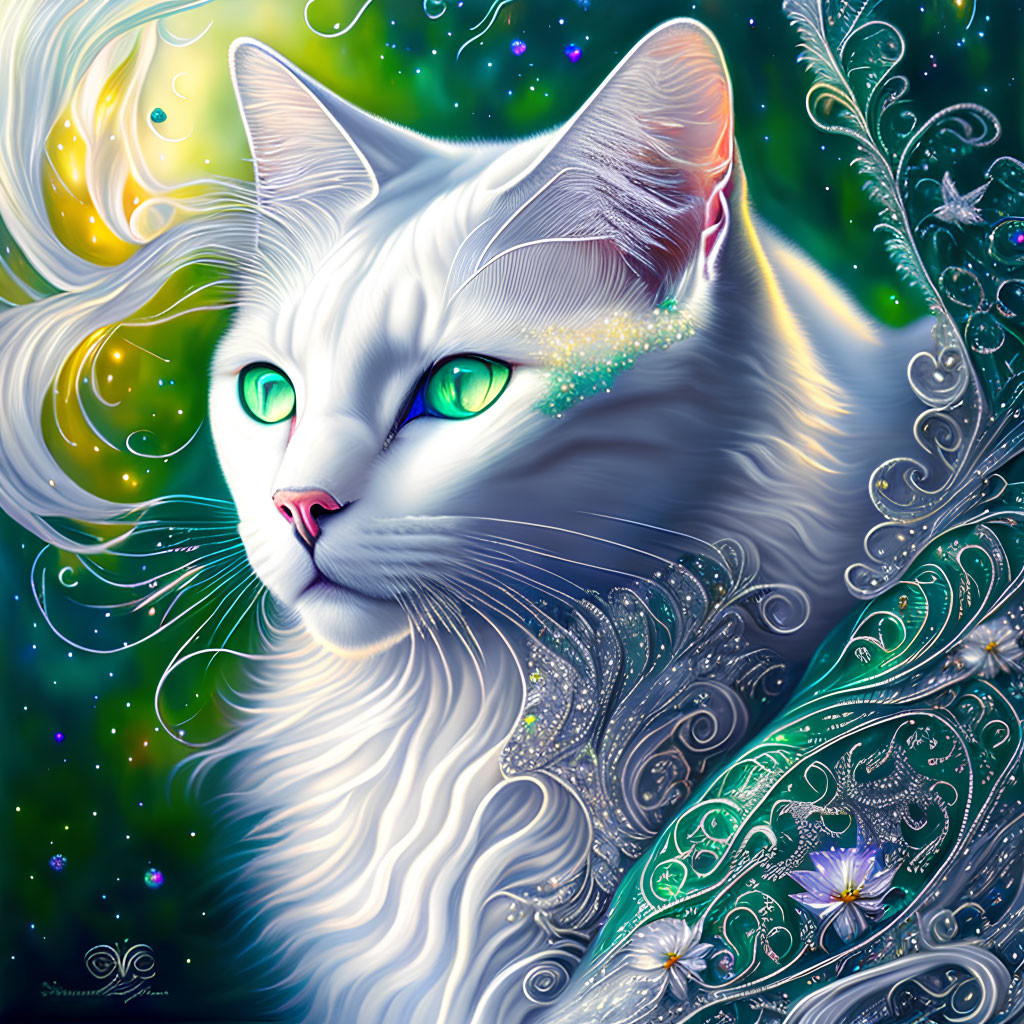 White Cat with Green Eyes and Silver Patterns Among Stars and Moons