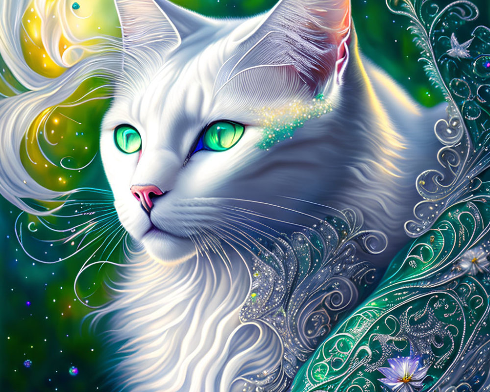 White Cat with Green Eyes and Silver Patterns Among Stars and Moons