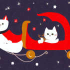 Santa Claus and tabby cat in Santa hats in red sleigh under starry sky