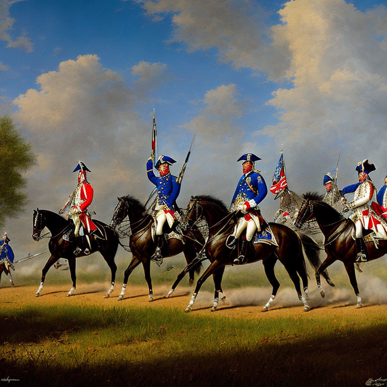 Historical military figures on horseback with flags under cloudy sky