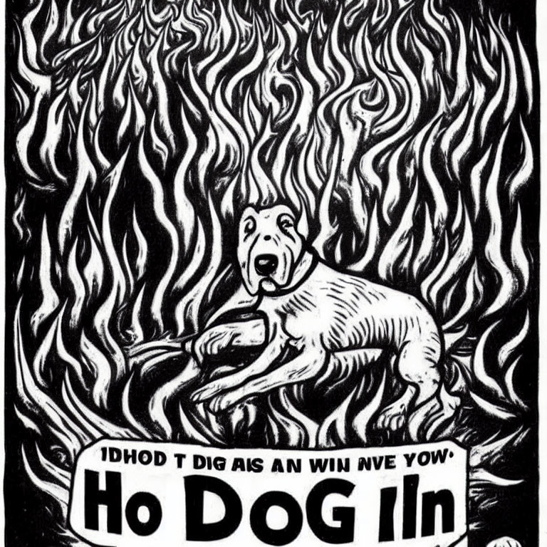 Monochrome dog illustration with fiery backdrop and circular text layout