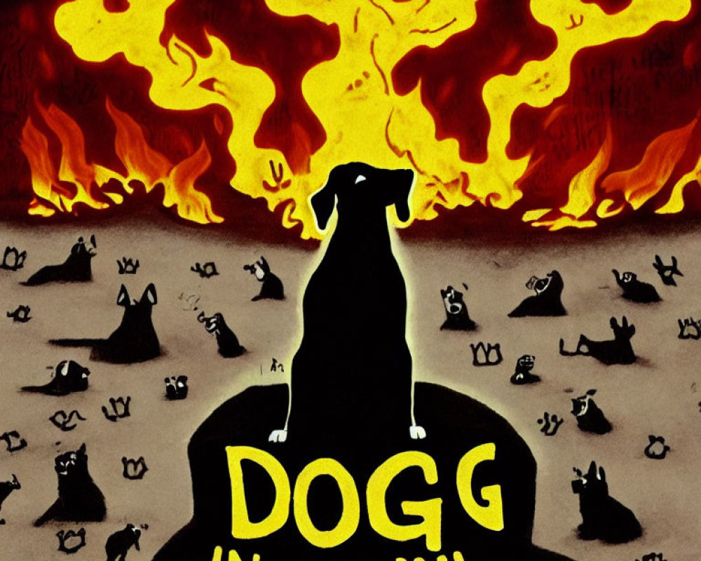 Silhouette of a dog on a hill with "DOG IN THE INL" phrase, flames,