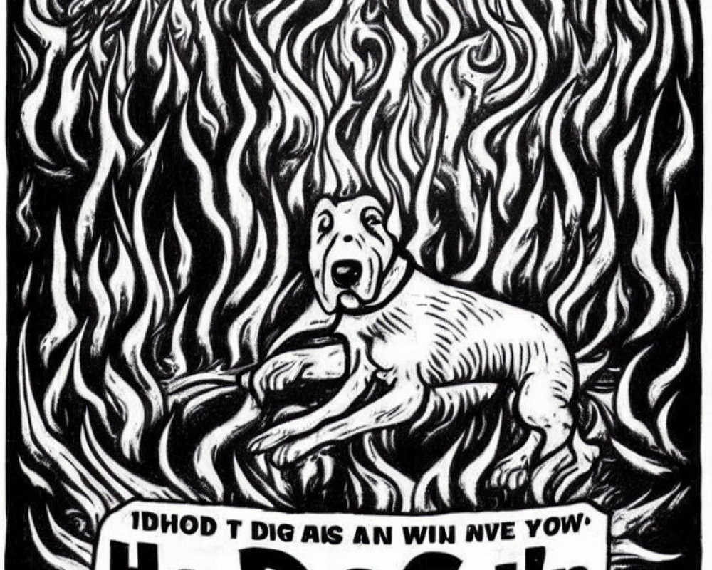 Monochrome dog illustration with fiery backdrop and circular text layout