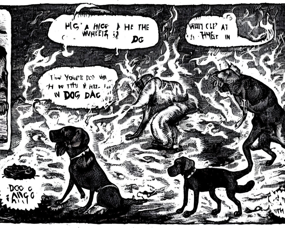 Surreal black and white anthropomorphic dog illustration in smoky setting