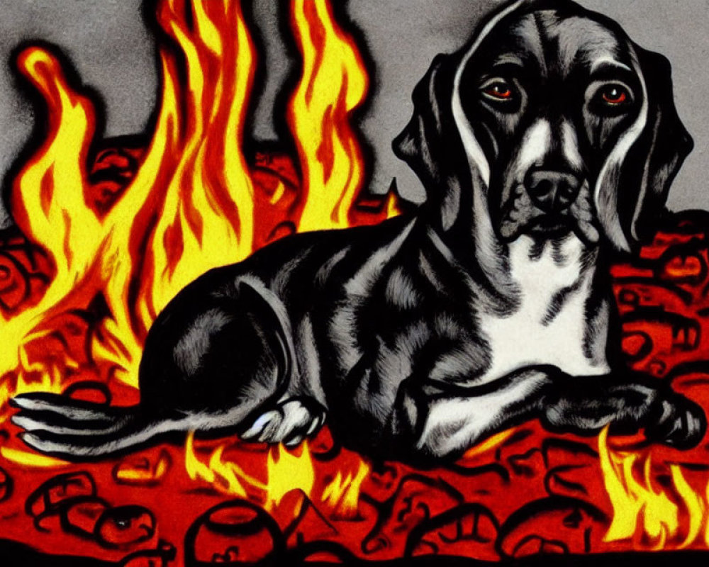 Monochrome drawing of calm dog in fiery scene with scattered bones