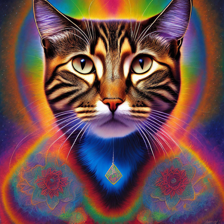 Colorful Psychedelic Cat Illustration with Crystal Pendant & Floral Mandala Patterns