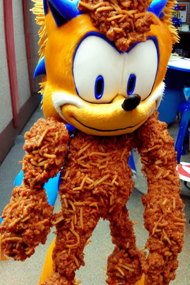 Sonic the Hedgehog costume with fried chicken breading and fries