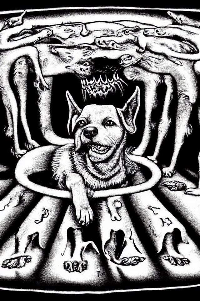 Monochrome image of smiling dog with crown in ring of figures