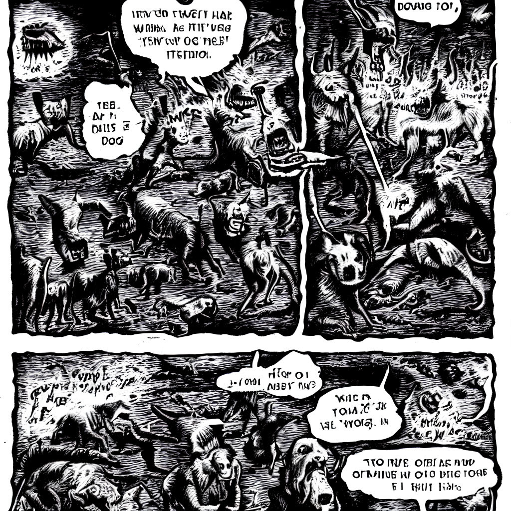 Grotesque black and white comic-style illustration of distorted figures and chaotic speech bubbles