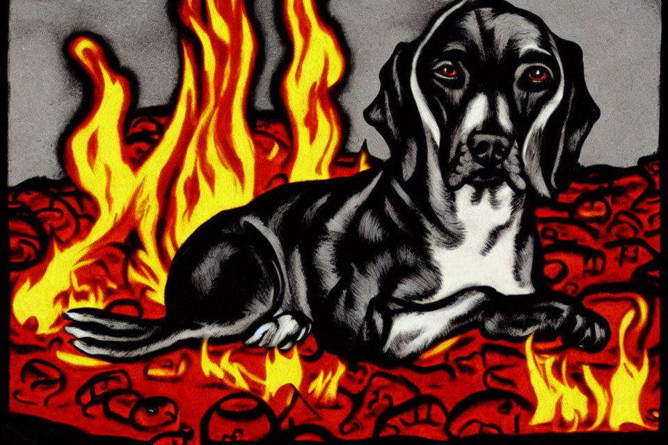 Monochrome drawing of calm dog in fiery scene with scattered bones