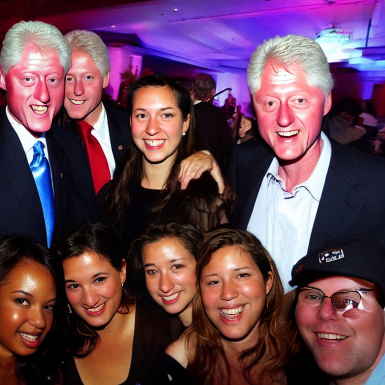 Group photo edit featuring duplicated smiling faces at social event with red lighting