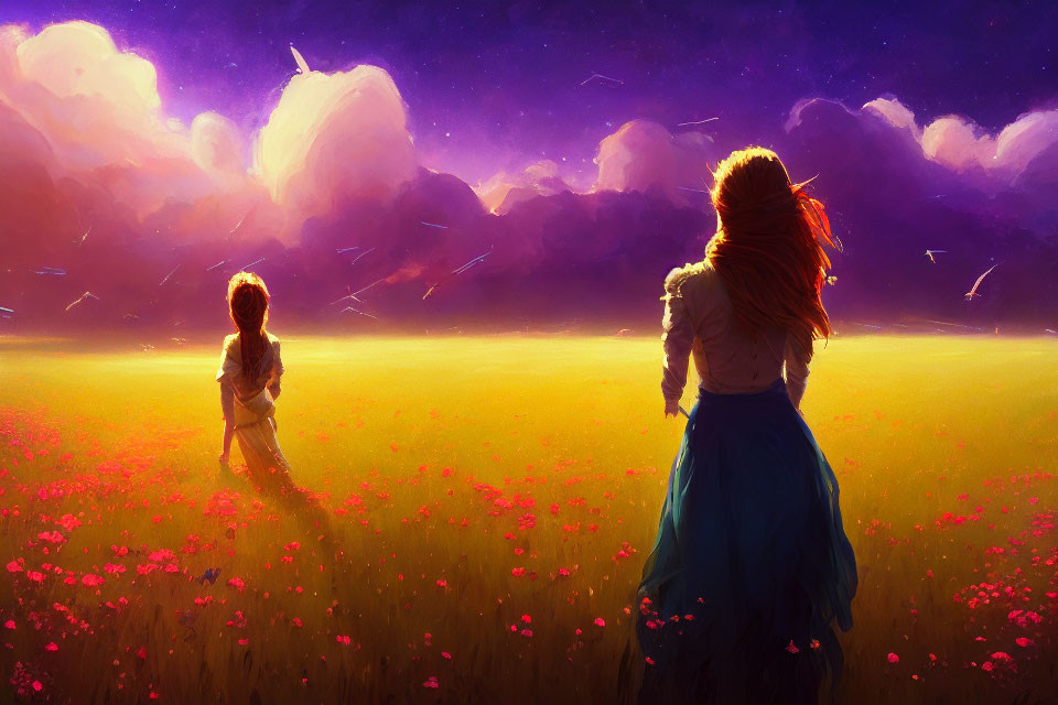 Children playing in pink flower field at sunset under purple sky