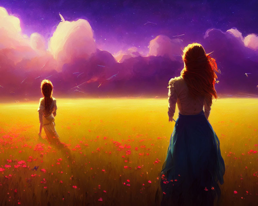 Children playing in pink flower field at sunset under purple sky