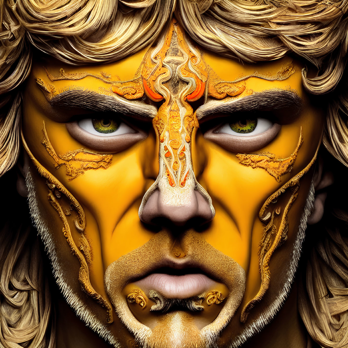 Fantasy portrait with vibrant face paint and fiery patterns