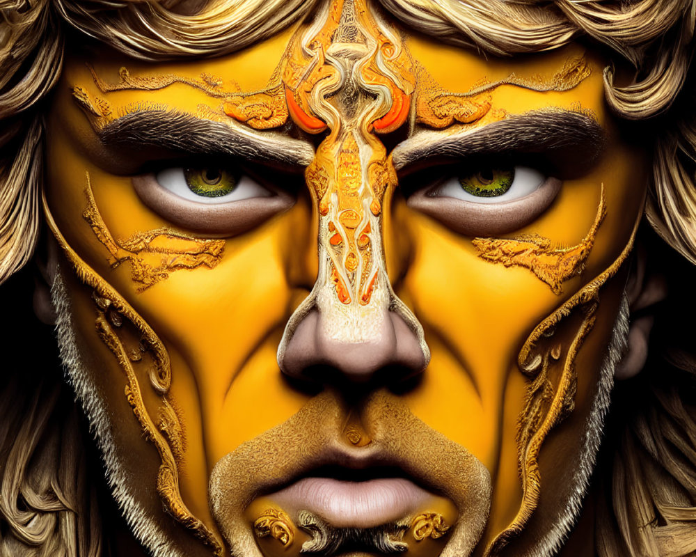 Fantasy portrait with vibrant face paint and fiery patterns