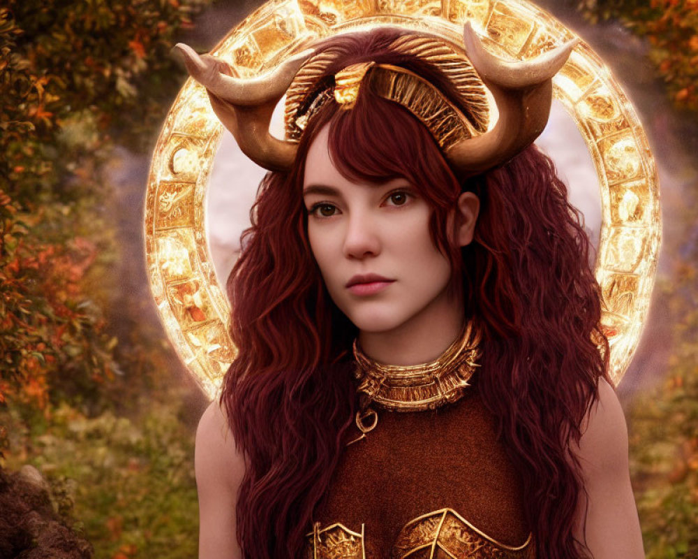 Fantasy female character with horns in golden armor in autumnal forest setting