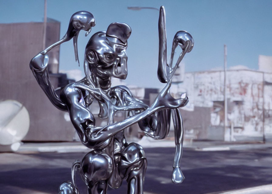 Reflective metallic sculpture of humanoid figure playing violin in urban setting