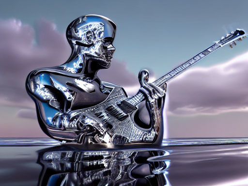 Metallic Human Figure Guitar Player Sculpture Against Serene Sky