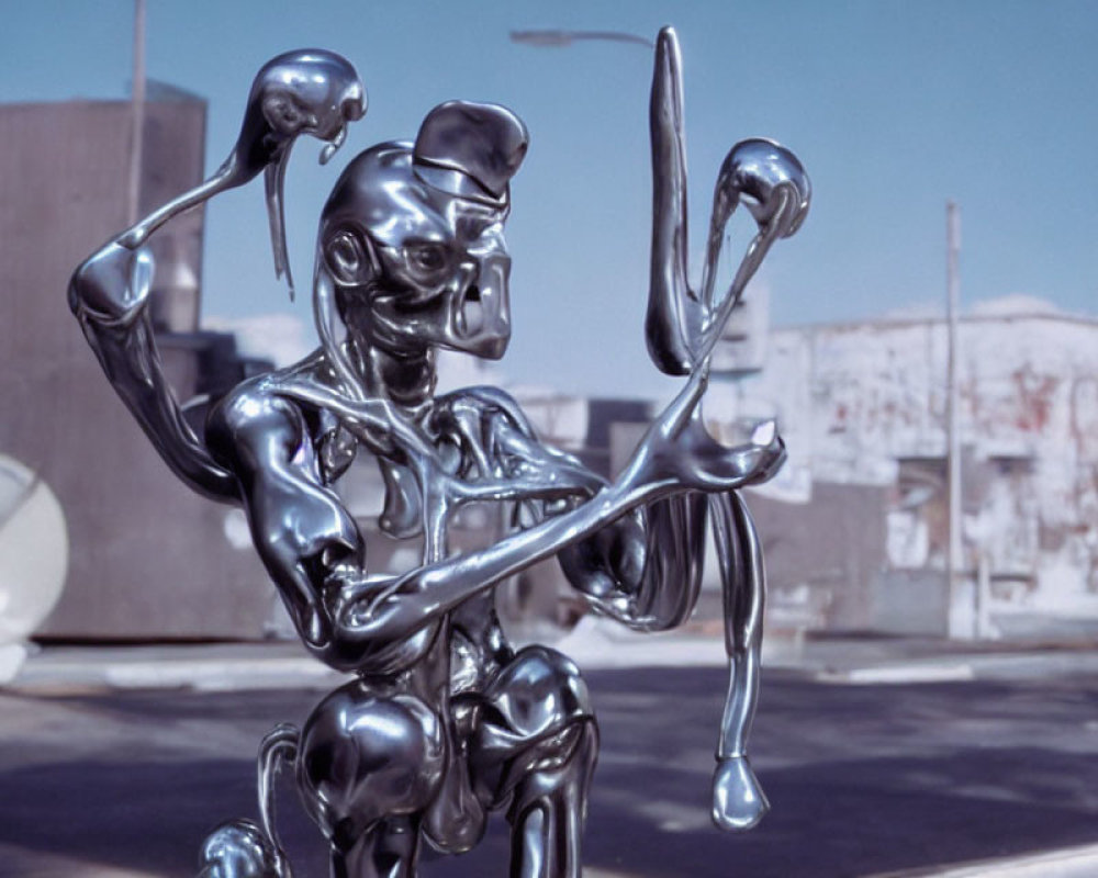 Reflective metallic sculpture of humanoid figure playing violin in urban setting