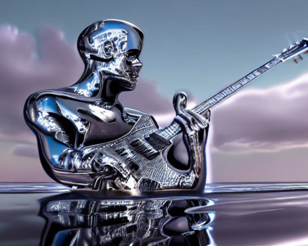 Metallic Human Figure Guitar Player Sculpture Against Serene Sky