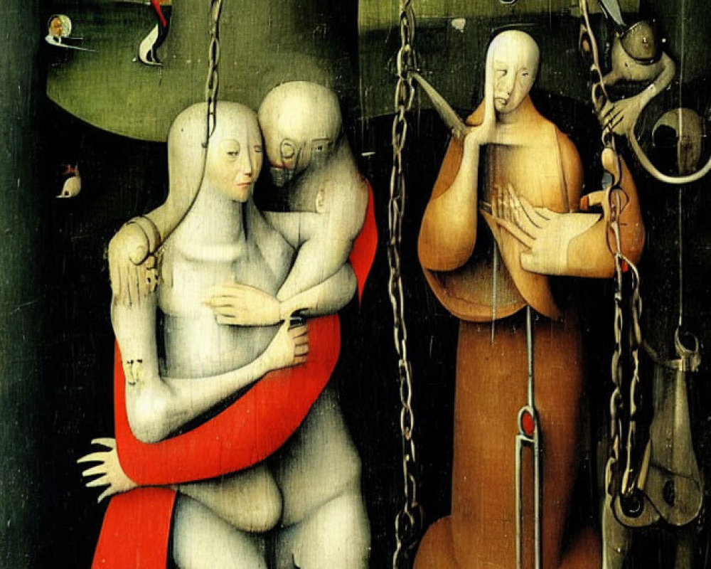 Medieval painting with couple embracing, harp player, surreal bird on swing, and bones.