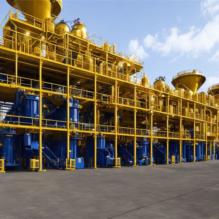 Yellow industrial plant with large cylindrical tanks under clear blue sky