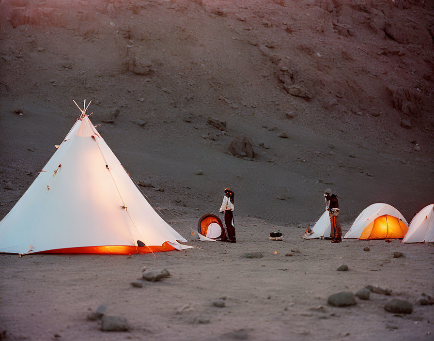 Campsite with Large Teepee & Tents in Desert Dusk