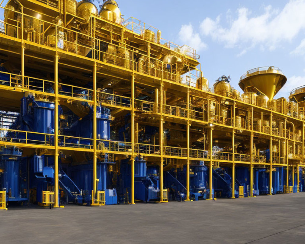 Yellow industrial plant with large cylindrical tanks under clear blue sky