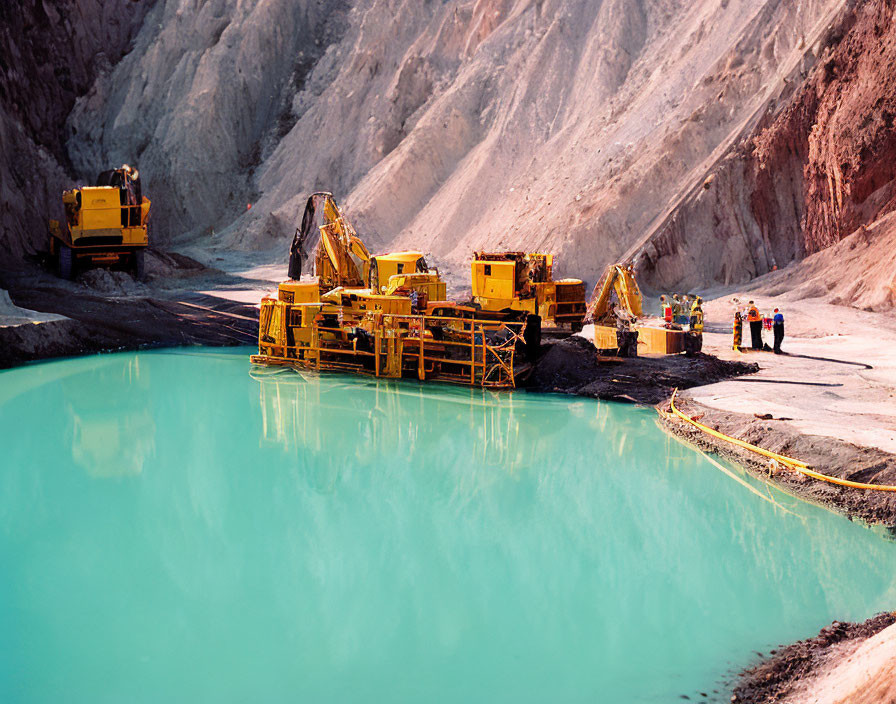 Vibrant mining scene with heavy machinery near turquoise water and workers under clear sky