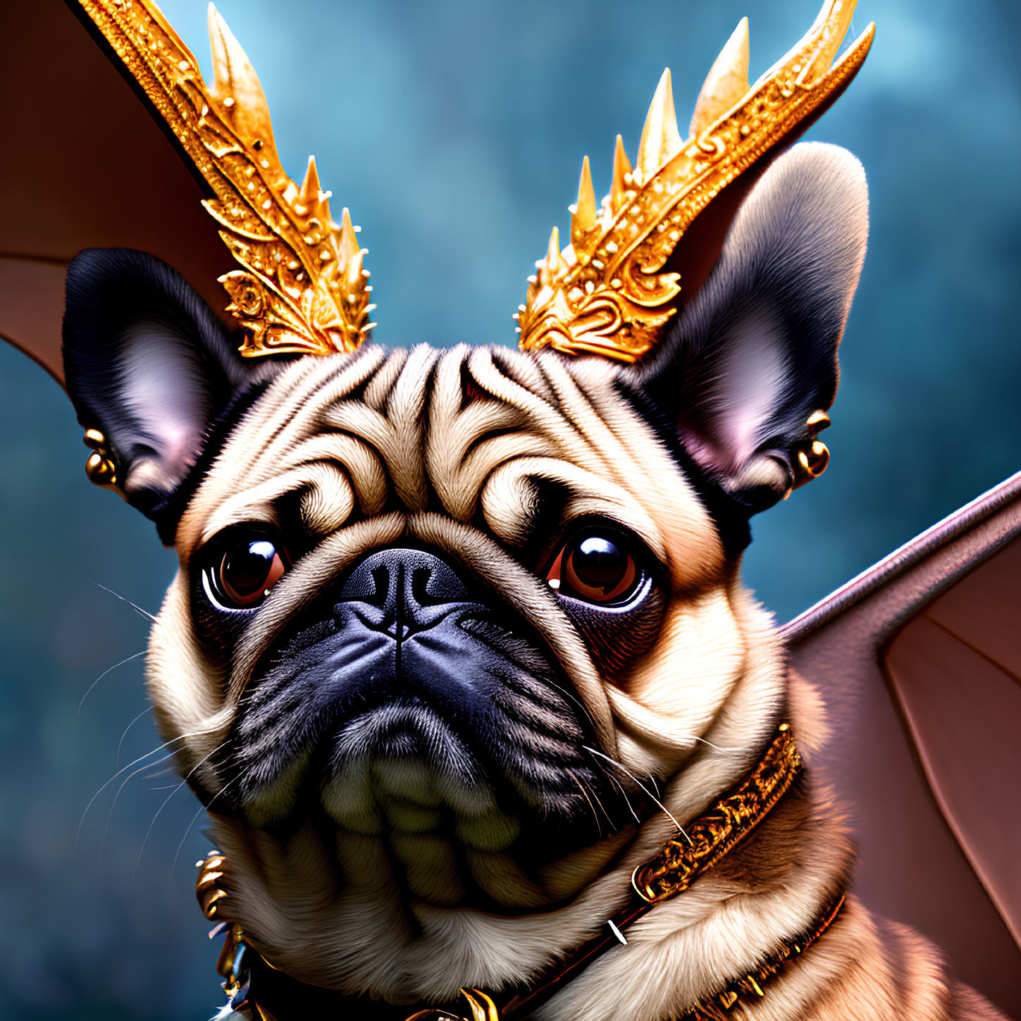 Stylized digital art: Regal pug with golden crown and necklace