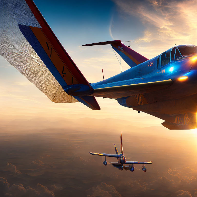 Two aircraft in a sunset sky, one with detailed wing in foreground.