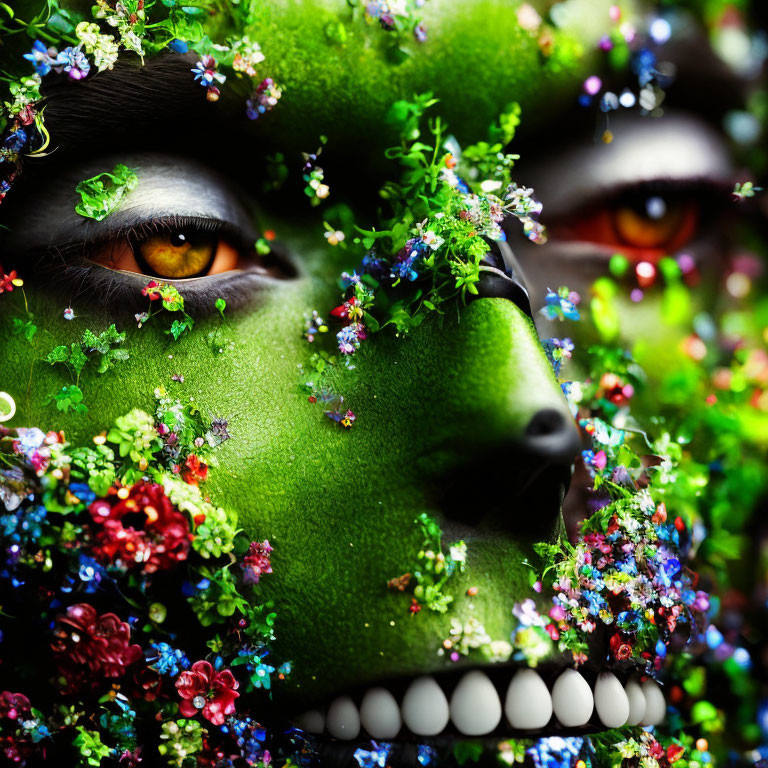 Close-Up Portrait: Green Skin with Flowers, Focused Eyes, White Teeth