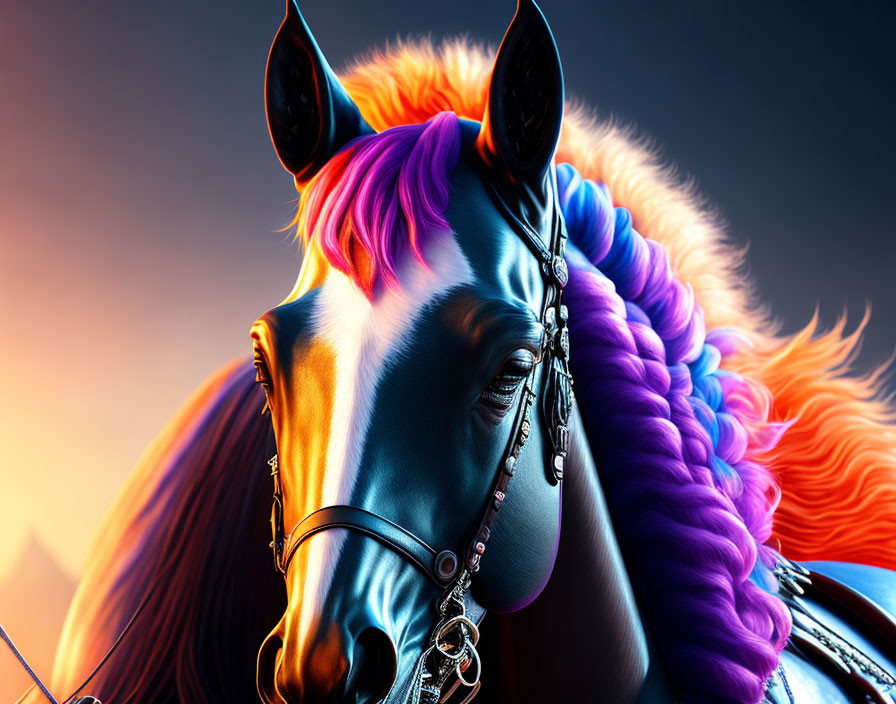 Vibrant rainbow-colored mane horse on orange-blue gradient background