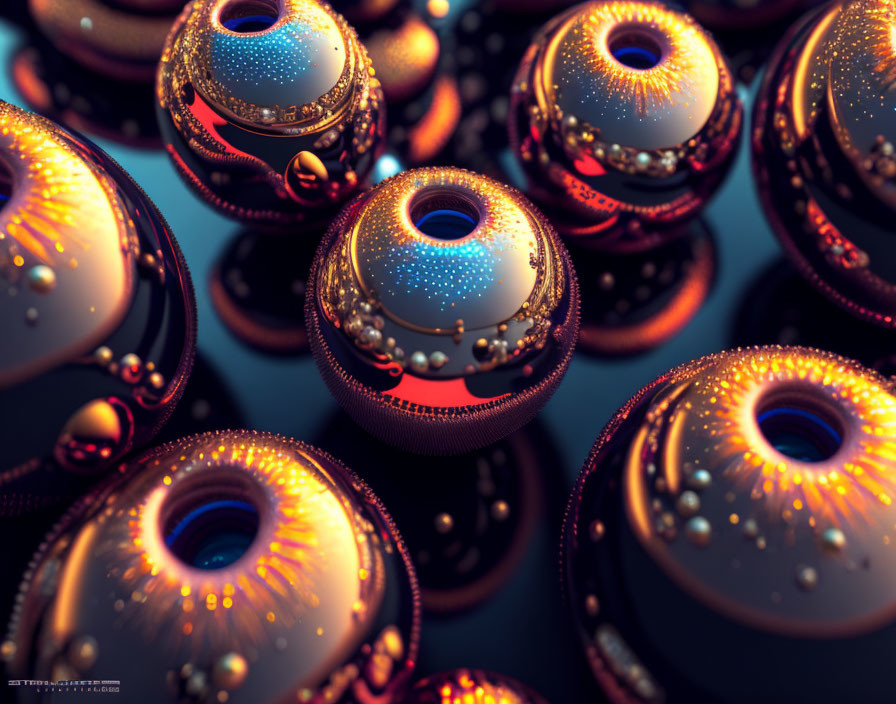 Intricate 3D Rendered Spherical Objects in Blue, Orange, and Black